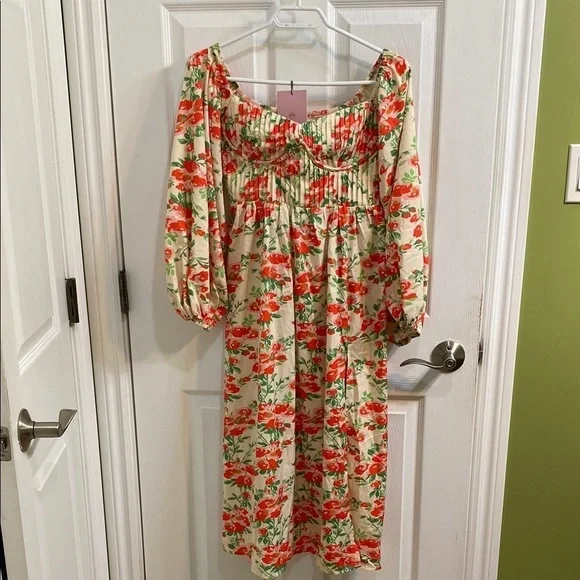 Hello Molly Floral Bustier Midi Dress Side Slit Puff Sleeve Women’s Medium NWT - Picture 2 of 11